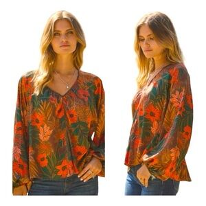 ODDY Curvy Autumn Petals Blouse, colors of orange, green and brown. Size L